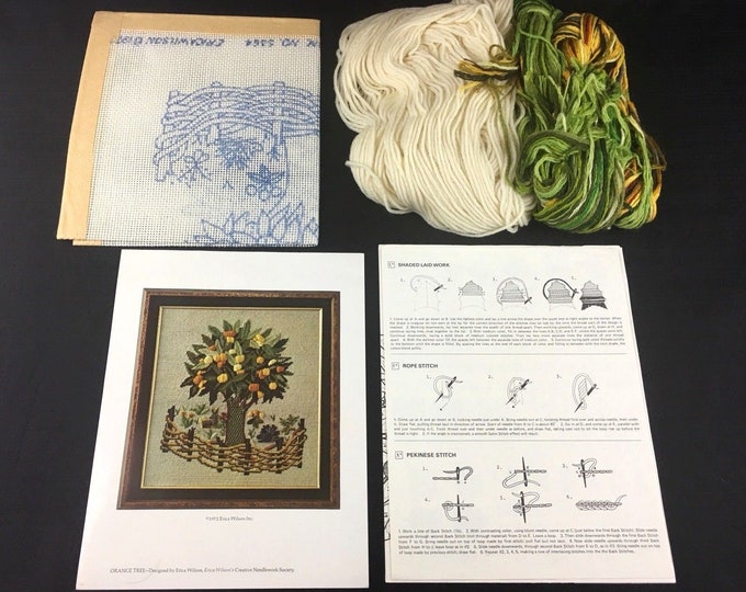 1972 Erica Wilson Crewel Embroidery Kit Picture / Pillow Orange Tree