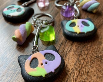 Marshmallow Kitten Polymer Clay Keychain with Candy Heart Charm