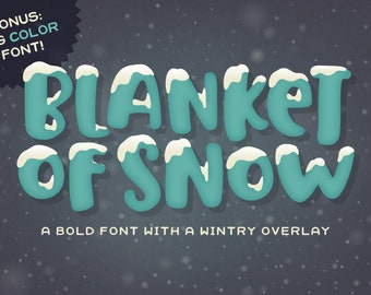 Könnte beinhalten: Eine türkisblaue Schriftart mit einer Schneeüberlagerung, die "BLANKET OF SNOW" buchstabiert. Der Text befindet sich auf einem dunkelgrauen Hintergrund mit weißen Schneeflocken.