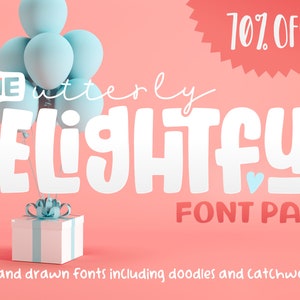 Könnte beinhalten: Ein rosa Hintergrund mit einer weißen Geschenkbox, die mit einem blauen Band gebunden ist. Blaue Ballons schweben über der Box. Der Text "THE utterly DELIGHTFUL FONT PACK" ist in Weiß mit einem rosa Herzen. Der Text "70% OFF!" ist in Weiß mit einem roten Sternenausbruch dahinter. Der Text "12 handgezeichnete Schriftarten, einschließlich Kritzeleien und Schlagwörter!" ist in Schwarz.
