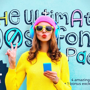 May include: Image promoting a font pack with the text "The Ultimate 90s Font Pack." A person wearing a pink beanie, yellow sunglasses, and a yellow sweater is holding a blue phone. The image includes the text "50% OFF!" and "4 amazing fonts + 1 bonus exclusive font!"