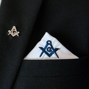 Masonic White Pocket Square with Navy Blue Square and Compasses with G Embroidery