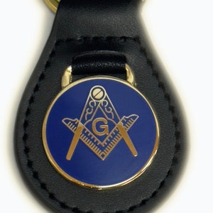 Masonic Square & Compass Keyring with &quot;G&quot; - Gold / Silver - Blue background - KR01/18