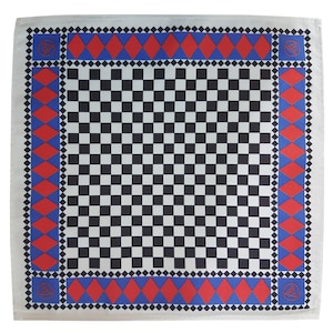 May include: White square bandana with a black and white checkerboard center. The border features a blue and red diamond pattern with a small emblem in each corner. A classic accessory.