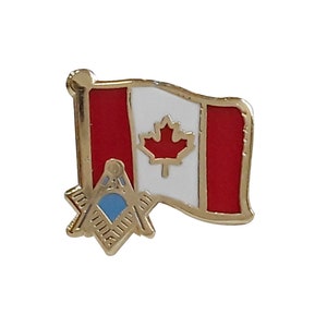 May include: Gold-coloured pin featuring a Canadian flag with a red maple leaf and a gold-coloured Masonic symbol.