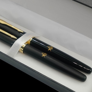 Masonic Pen Gift Set: Black & Gold Square and Compass Symbol