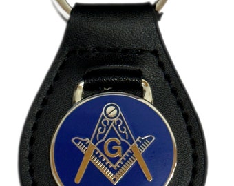 Porte-clés Equerre Maçonnique & Boussole avec "G" - Or / Argent - Fond bleu - KR01/18