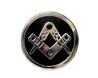 Masonic Round Black and Silver Square, Compasses Freemasons Lapel Pin