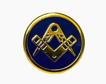 Masonic Round Blue and Gold Square, Compasses Freemasons Lapel Pin
