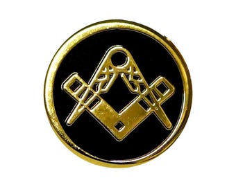 Masonic Round Black and Gold Square, Compasses Freemasons Lapel Pin