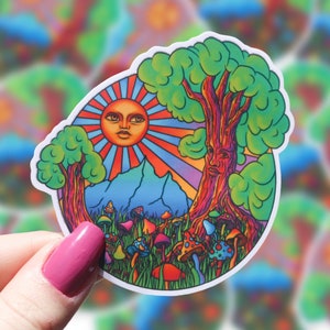 Trippy Mushroom Sun Tree Vinyl Sticker | Psychedelic Vinyl Sticker | Stickers for Hydroflask | Laptop Stickers