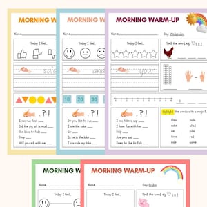 Può includere: Un pacchetto di fogli di lavoro colorati per la scuola materna e la prima elementare intitolato "Morning Warm-Up". Ogni foglio di lavoro presenta spunti per la scrittura, il disegno e la pratica matematica di base. I fogli di lavoro includono il testo "Daily ELA + Math Practice for Kindergarten & 1st Grade."