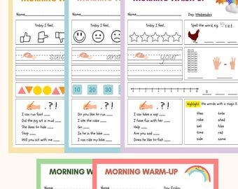 Morning Warm-Up Worksheet Bundle | Daily Math Practice | Kindergarten & 1st Grade | Printable PDF | Phonics, Digraphs, Sentences