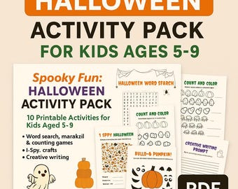 Halloween Activity Pack for Kids | K–3 Printable Games & Worksheets | Word Search, Math, I Spy, Crafts | Ages 5–9 | Instant PDF