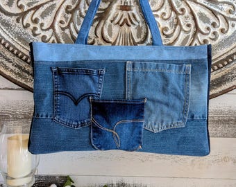 Upcycled Denim Tote Bag, Zipper Close, Crossbody Strap, Market Beach Bag
