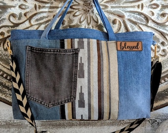 Shoulder, Crossbody, Distressed, Denim Upcycled, Beach, Weekender, Travel, Shopping and Everyday Bag.