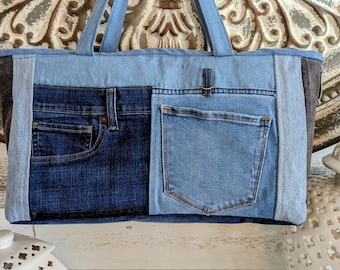Upcycled Denim Tote Bag, Crossbody Strap, Large Beach Shopping Bag