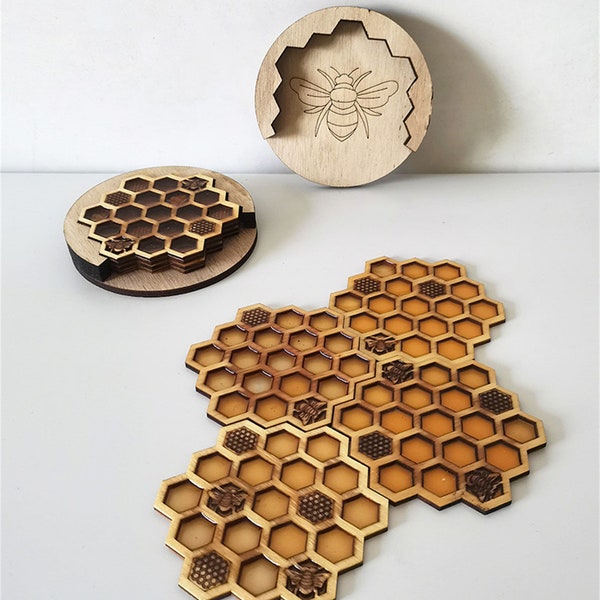 Handmade Wood Honeycomb Bee Coasters - Resin Coasters - Set of 4 Coasters & Holder - Wood Bee Decor-Beekeeper Gift- Father's Day Gift