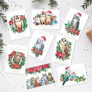 Cartes postales - Cartes de Noël aquarelles, chouettes des fêtes par GSGS - Assortiment de 8 cartes pleine taille 5 x 7 po. - PC001009 - Pelliculage en soie et feuille d'or