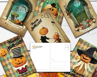 May include: Set of six vintage-style Halloween postcards featuring various illustrations of jack-o'-lanterns, a haunted house, and the text "Happy Halloween!" and "Trick or Treat".
