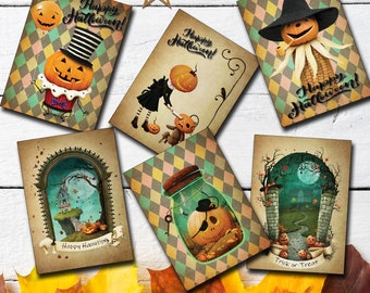 Vintage Style Happy Halloween Greeting Card Set - 6 Pk Assorted 5"x7" Cards - GC001042 - Handmade Los Angeles - Linen Paper - BLANK Inside