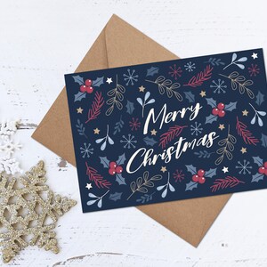 Carte de vœux - Joyeux Noël Bleu Floral - Carte de vœux 5x7 - GC001010 - Fait main à Los Angeles, CA - Cartes de vœux faites à la main
