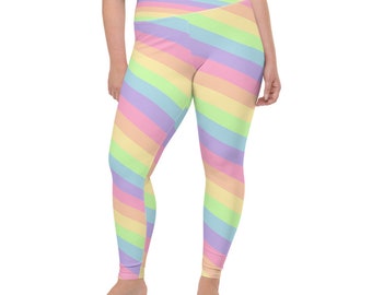 Pastel Diagonal Rainbow Leggings Fairy Kei Vintage 80&#39;s Fashion Inspired All-Over Print Plus Size Leggings
