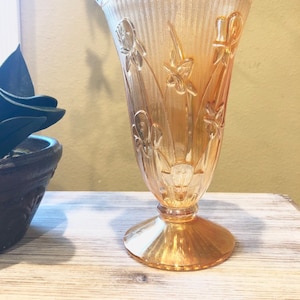 Carnival Peach Jeanette Marigold Iridescent Iris and Herringbone vase , collectibles carnival glass, romantic gift for her