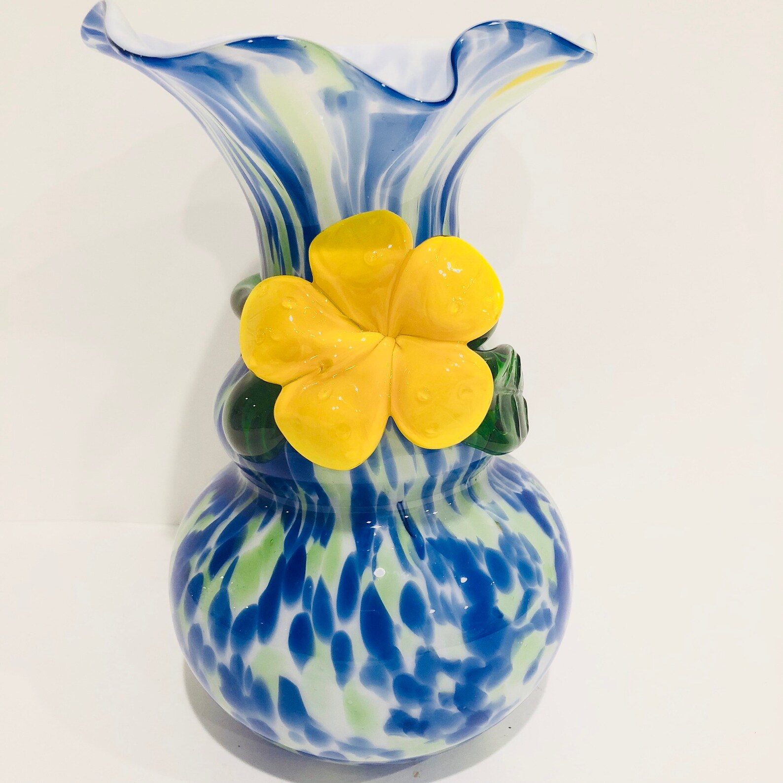 Vintage Murano Blue and White Swirl on Top Blown Glass Vase With Yellow