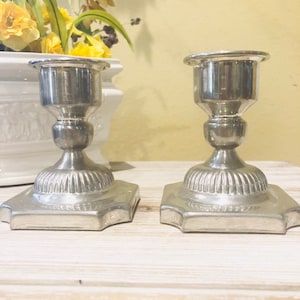 Pair of Empire pewter candle holders, rare candlestick holder, vintage candle holders