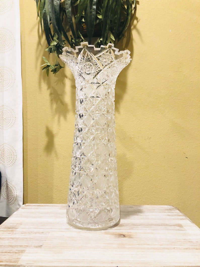 Large 15 Tall ABP Glass Vase, American Brilliant Period Cut Glass Vase