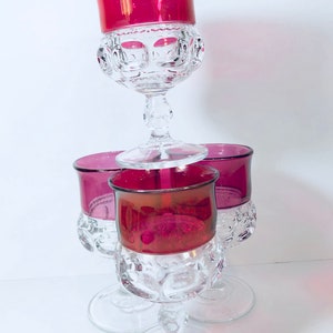 Clear and cranberry,  Tiffin King Crown goblet set of collectibles, ruby Indiana glass