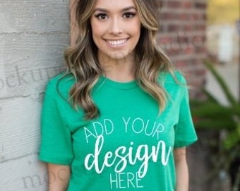 Download Free Bella 3001 kelly green shirt mockup, kelly shirt mock up, kelly crewneck model mock up, bella 3001 model mock up, shirt model mockup PSD Template