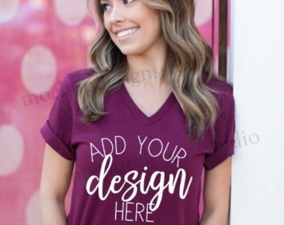 Maroon Vneck Mock Up Bella Model Mockup Bella 3005