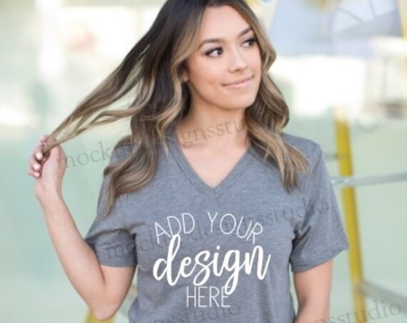 Gray Vneck Model Mockup Bella Gray Shirt Mock Up