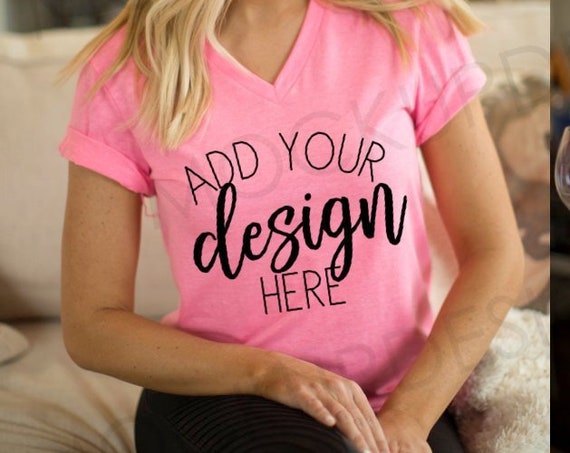 Bella 3005 Neon Pink Shirt Mockup 3005 Vneck Mock Bella 3005 Neon Pink Shirt Mockup 3005 Vneck Mock