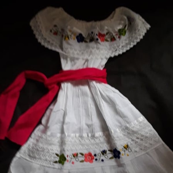 2 piece Goregous Mexican Girl's Dress , Bright Embroidered Flowers Variety of Color's, Fiesta Birthday Party Dress Hand Made in Mexico
