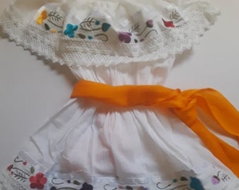2 Piece White Mexican Girls Fiesta Dress with Coordinating Sash, Hand embroidered Flowers Beautiful Birthday Dress
