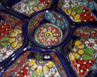 Talavera Ceramic Mexican Pottery Chip Dip Platter 7Pc Appetizer Tray Handcrafted in Mexico 12.5" Great Gift!!!