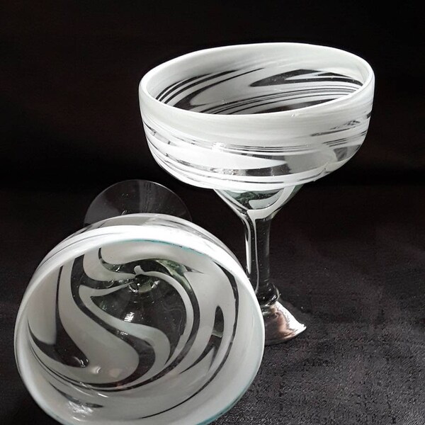 Hand Blown Mexican Margarita Glasses - Elegant White Swirl Design - Set of 2 Unique Glassware