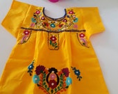 Yellow Puebla Dress made in Mexico Size 6 Month - 6 Year, Hand Embroidered Flowers Fashion Fiesta Birthday Dress