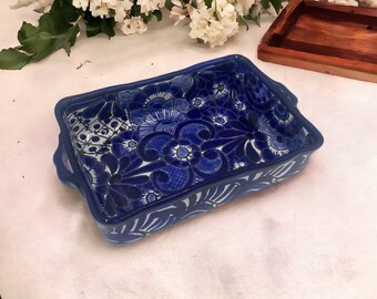 Blue and White Talavera Pottery Casserole Baking Dish, Mexico Folk Art, Lead Free, Oven Safe dishwasher safe 12 x 8 " Great for Parties