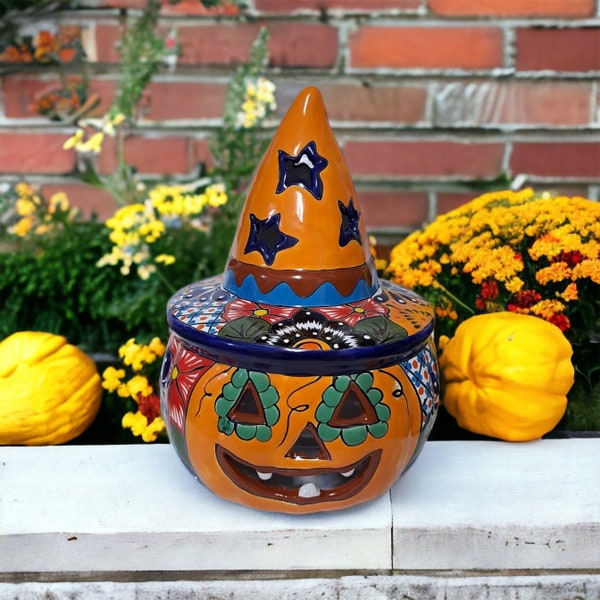 Large Handcrafted Talavera Witch Pumpkin Jack-o-Lantern | Mexican Halloween Decor 13” Tall