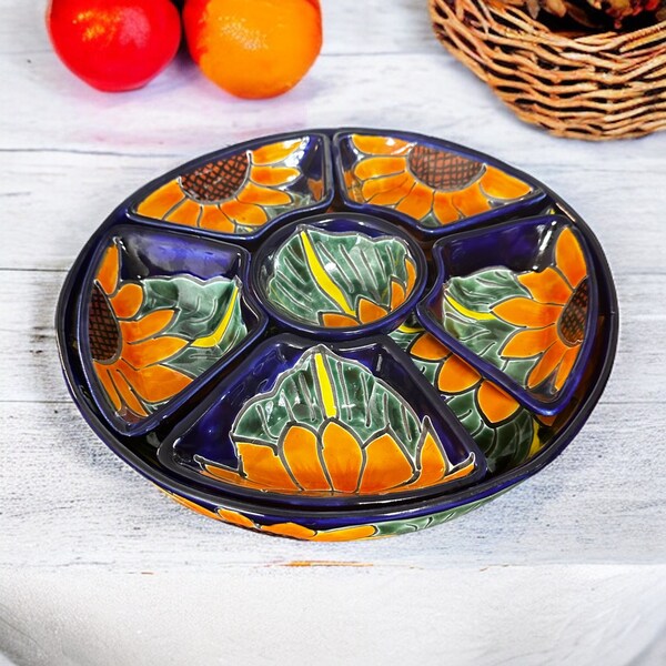 Hand-Painted Talavera Sunflower Design Cobalt Blue Chip Dip Platter Set - 7 Piece Appetizer Tray, 12" Diameter