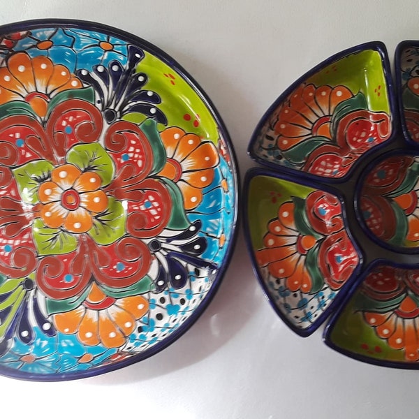 Talavera Ceramic Mexican Pottery Chip Dip Platter 7Pc Appetizer Tray Handcrafted in Mexico 12.5" Great Gift!!!