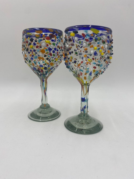 Hand Blown Rare Wine Cups-Straws Footed Lightweight Fragile Glass Drink  Pair