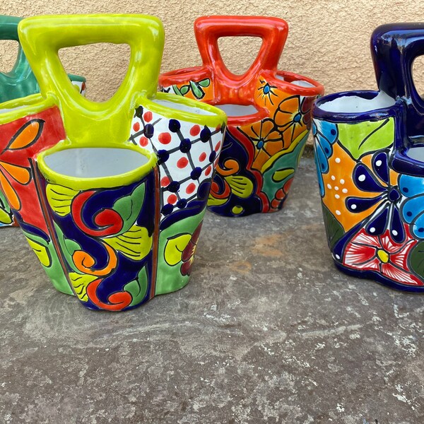 Mexican Talavera Ceramic Pottery Utensil Caddy Holder, Made in Mexico, Folk ART 11"H Multi-color Floral