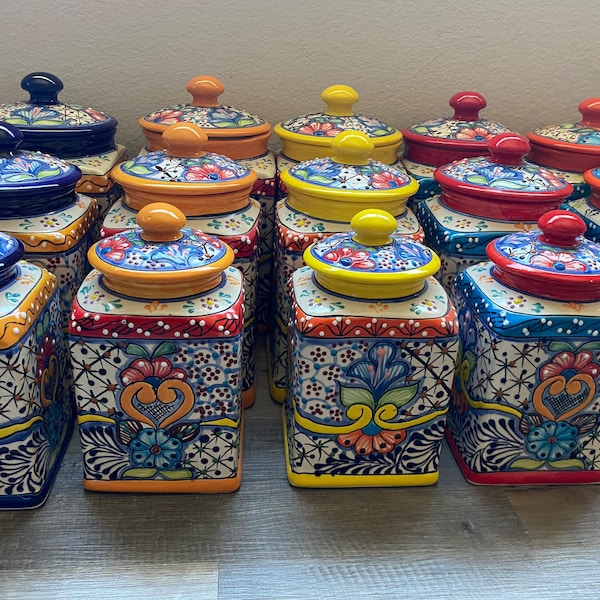 3 Piece Handcrafted Folk Art XL Talavera Canisters, Mexican Pottery, Cookie Jar, Ginger Jar, Flour & Coffee Canister Kitchen Decor