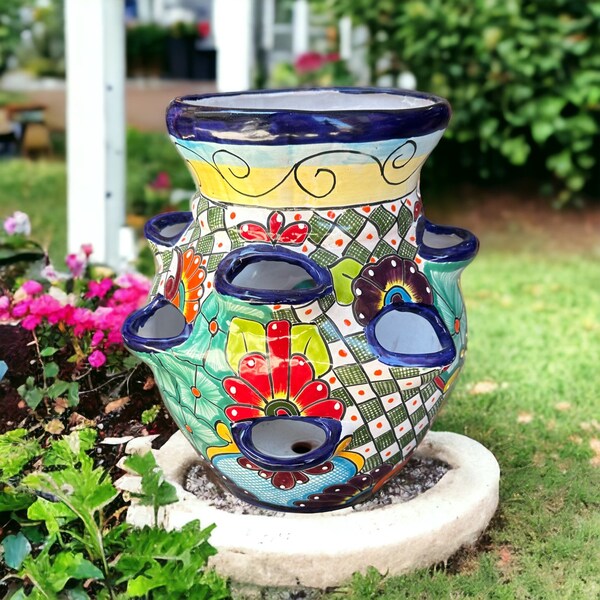 Grande jardinière de fraises Talavera faite main - Poterie mexicaine - Décoration de jardin vibrante