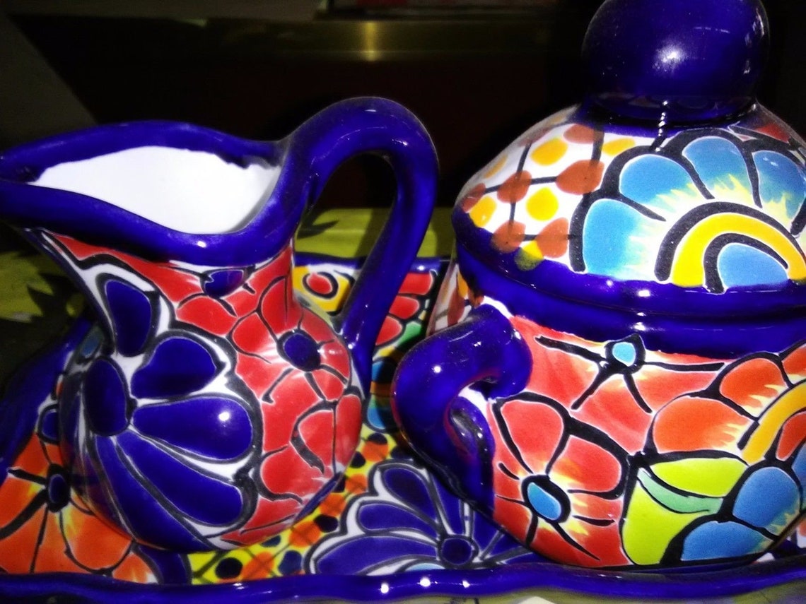 Talavera Mexican Pottery Sugar Jar and Creamer Set Folk Art Etsy
